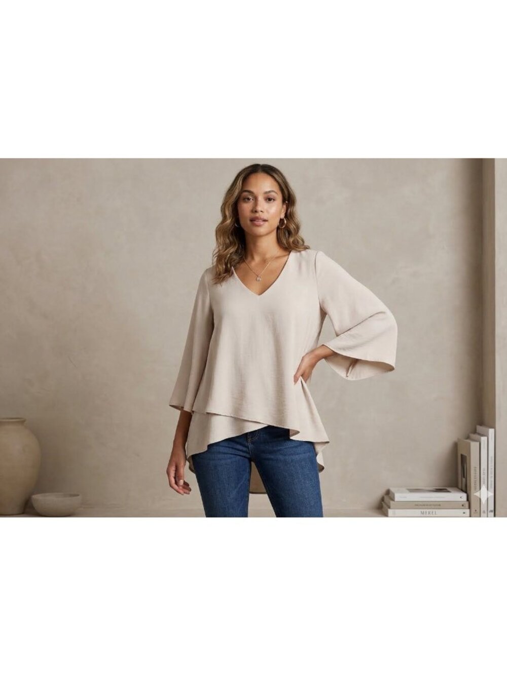 Beige Oatmeal High-Low Lagenlook Top 3/4 Bell Sleeves Minimalist Boho Capsule